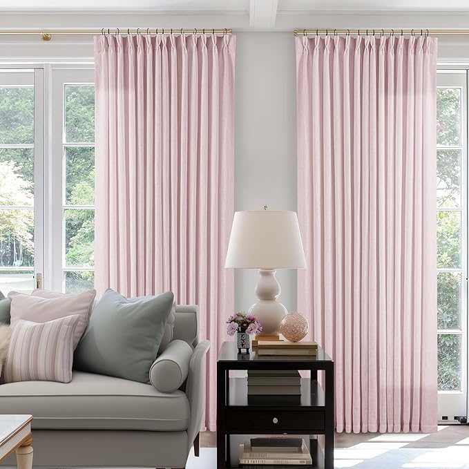 TWODRAPES Pinch Pleat Light Pink Semi Sheer Curtains 108 Inches Long for Girls Bedroom Living Room Light Filtering Pleated Linen 108 Inch Curtains Drape Window 2 Panels Set Pink Blush Babys Nursery