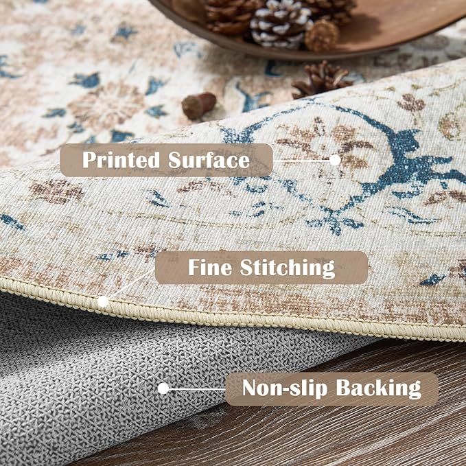 jinchan Round Rug 8ft Area Rug - Washable Boho Vintage Floral Circle 8' Round Floor Cover Lightweight Low Pile Thin Throw Non-Slip Carpet for Kitchen Living Room Bedroom Dining Room Office Pink Blush