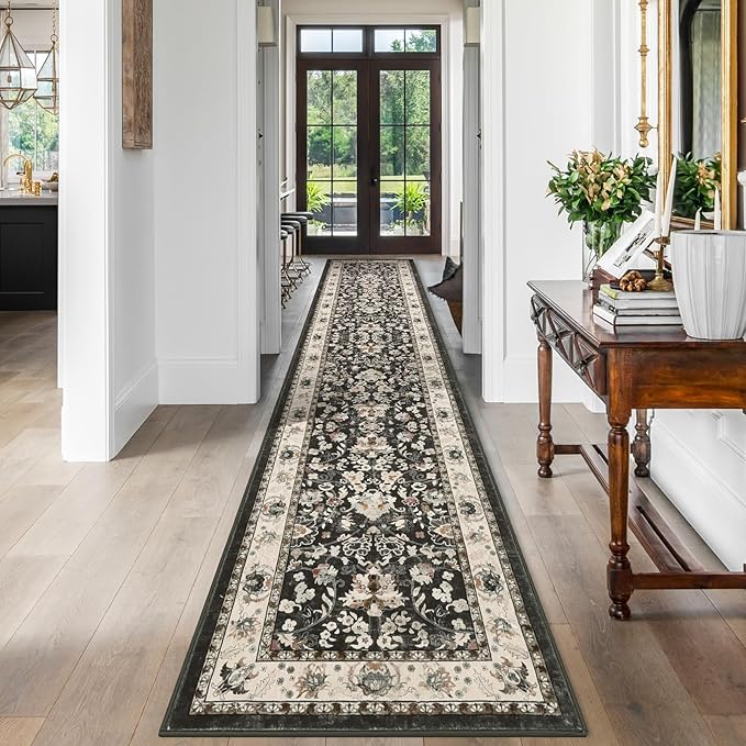 LOKHOM Washable Runner Rug, 2x10 Non-Slip Vintage Farmhouse Hallway Runner Rug with Rubber Backing, Boho Soft Faux Wool Kitchen Rug Carpet Runner for Kitchen Laundry Entryway Bedroom (Black)