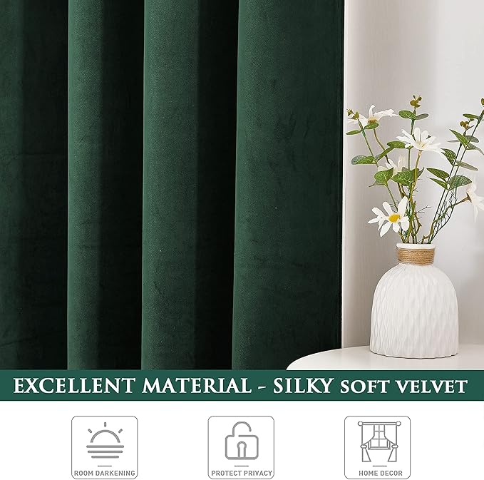 StangH Dark Green Velvet Curtains - Vintage Style Home Decor Blackout Curtain Panels for Farmhouse Living Room/Dorm/Basement/Apartment, W52 x L63, 2 Panels