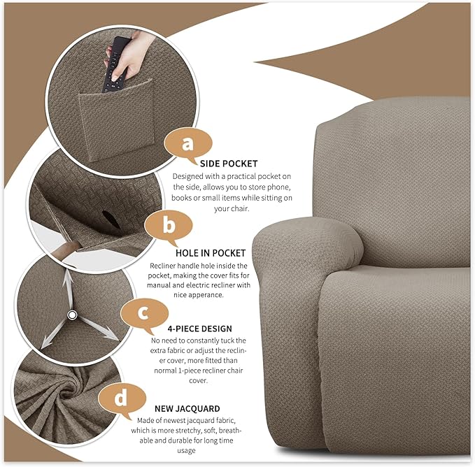 JIVINER 4-Piece Recliner Chair Covers Stretch Jacquard Covers for Reclining Chair Recliner Slipcovers for Living Room Soft Recliner Protector with Pocket (Recliner, Khaki)