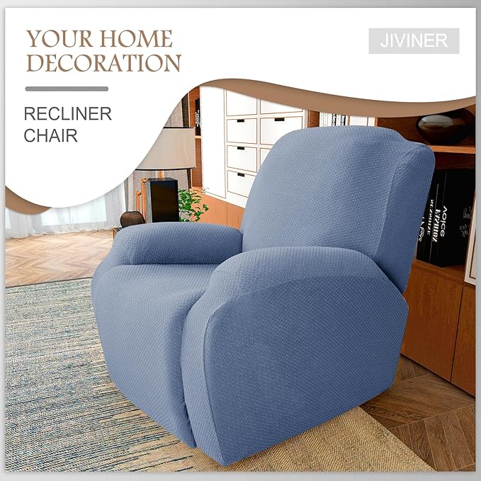 JIVINER 4-Piece Recliner Chair Covers Stretch Jacquard Covers for Reclining Chair Recliner Slipcovers for Living Room Soft Recliner Protector with Pocket (Recliner, Light Blue)