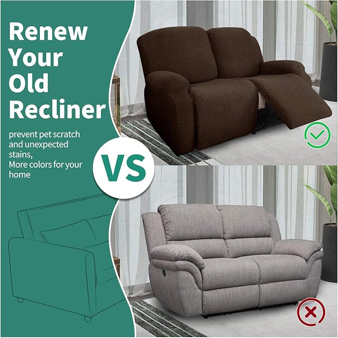YEMYHOM 6 Pieces Stretch Loveseat Recliner Slipcover Jacquard Recliner Sofa Cover with Side Pocket Fitted Recliner Cover Couch Furniture Protector with Elastic Bottom (Loveseat Recliner, Dark Coffee)
