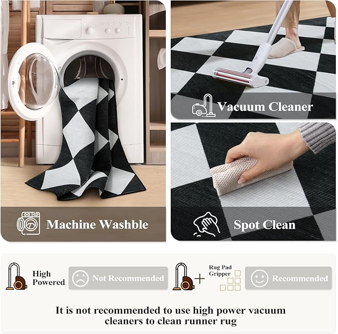 Beeiva Checkered Print Black Bathroom Runner Rug 2x6, Washable Ultra Thin Non Slip Laundry Room Rug Moroccan Stain Resistant Kitchen Runner, Modern Trellis Carpet for Hallway Bedroom Entryway Decor