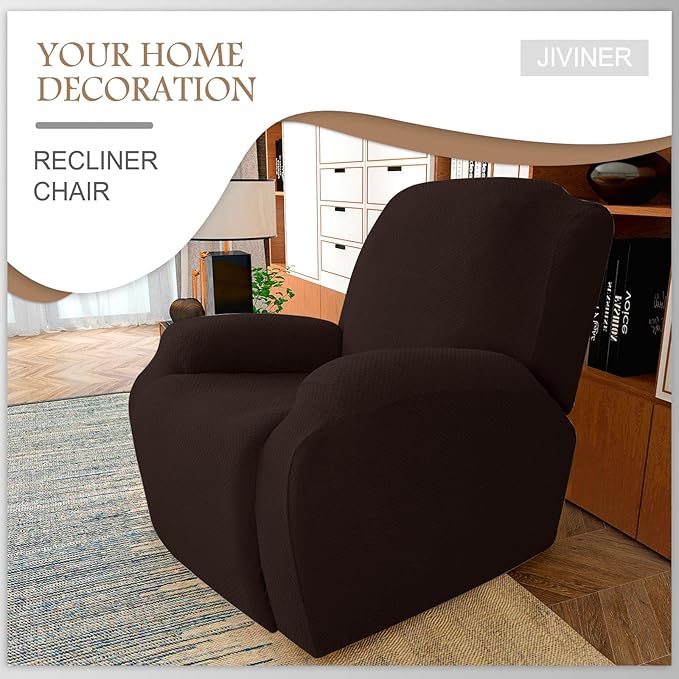 JIVINER Oversized Recliner Chair Covers 4 Piece Stretch Lazy Boy Recliner Sofa Slipcover Jacquard Large Recliner Covers with Elastic Bottom Soft Furniture Protector (XL Recliner,Dark Coffee)