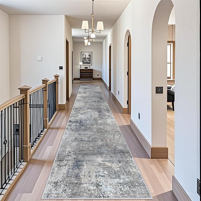 3x20 ft Extra Long Hallway Runner Rug - Non-Slip Washable Floor Runner with Rubber Backing, Modern Low Pile Thin Wide Carpet for Entryway, Kitchen, Living Room（Blue Grey, 3x20）