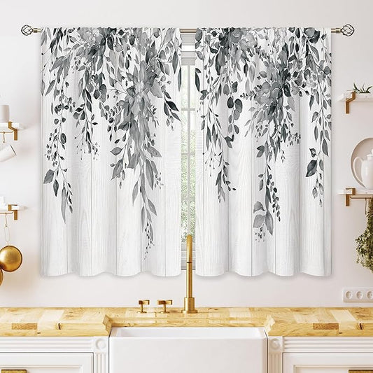 Farmhouse Grey Eucalyptus Small Kitchen Curtains Leaves Window Treatment Black White Wooden Cafe Short Curtains for Bathroom Dining Laundry Room Botanical Tier Treatment Drapes 26x36 inch