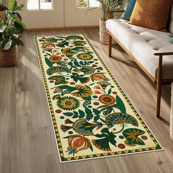 Joydeco Egypt Floral Boho Rug Runners for Hallways Entryway Non Slip, 2x6 Bathroom Kitchen Runner Rugs Non Skid Washable, Vintage Beige Carpet for Entrance Laundry Room Bed Beside