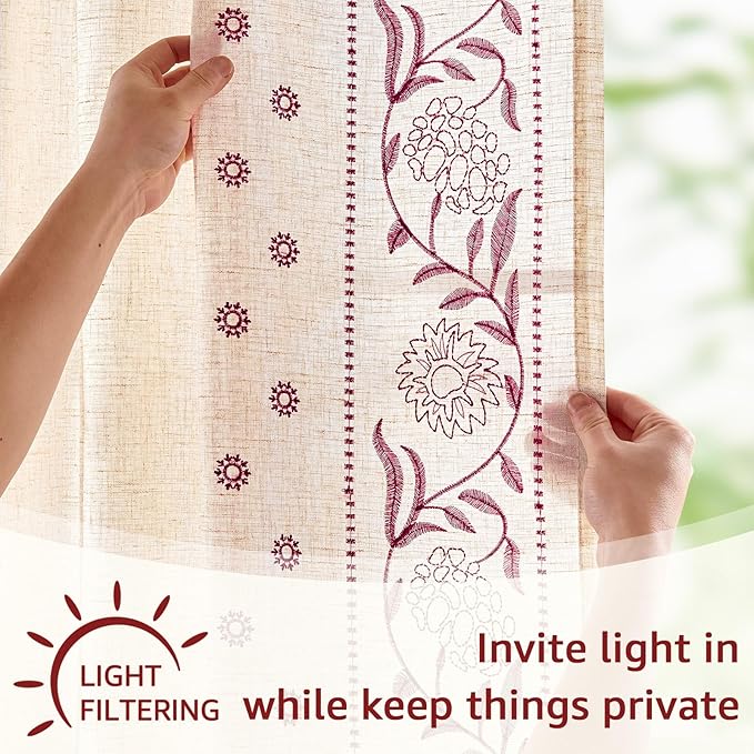 jinchan Winslow Linen Curtains for Bedroom 63 Inches Length Embroidered Bordered Floral Curtains for Living Room Farmhouse Decor Light Filtering Window Treatments Red on Beige Drapes 2 Panels
