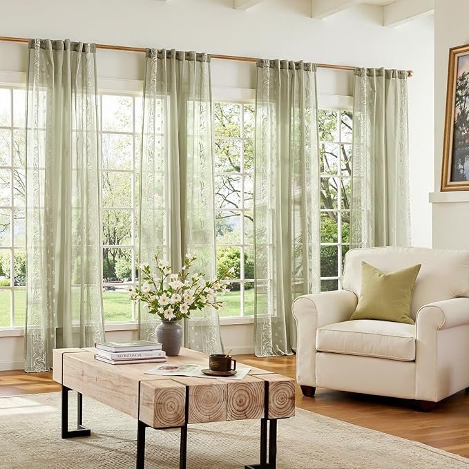 jinchan Winslow Sheer Curtains 96 Inch for Bedroom Living Room Embroidered Bordered Floral Nursery Curtains for Playroom Light Filtering, Ivory on Sage, 2 Panels, 50W x 96L