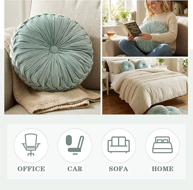 Drydiet 1 Pcs Round Throw Velvet Pillows Decorative Pleated Throw Pillows 15'' Diameter Accent Pumpkin Boho Chair Cushion for Couch Sofa Home Decoration (Sage Green)