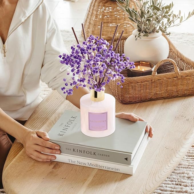 COCORR??NA Reed Diffuser - Lavender Garden 6.7 Fl.oz Reed Diffuser Set with Sticks & Preserved Baby's Breath, Reed Diffuser for Home Bathroom Shelf Decor