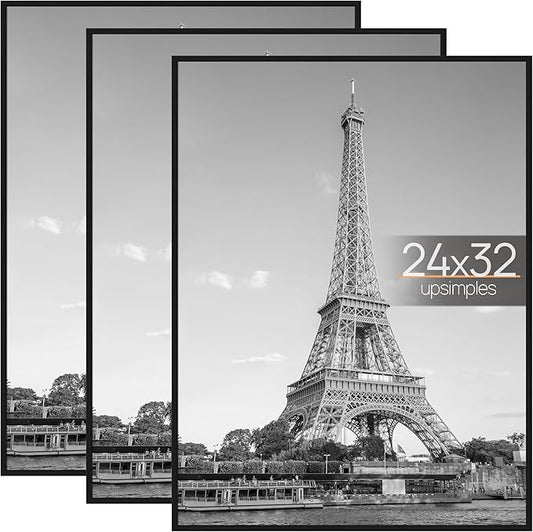 upsimples 24x32 Poster Frame Black 3 Pack, Scratch-Proof Picture Frames 24 x 32 for Photo Gallery - Slide-In Strips, Horizontal or Vertical Wall Mounting