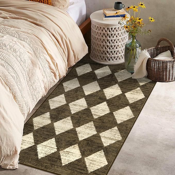 Lahome Zelie Machine Washable 3x5 Area Rug, Soft Rugs for Entryway Non Slip Kitchen Rugs, Moroccan Trellis Non Slip Non Shedding Printed Indoor Front Door Carpet for Bathroom Entrance, Brown