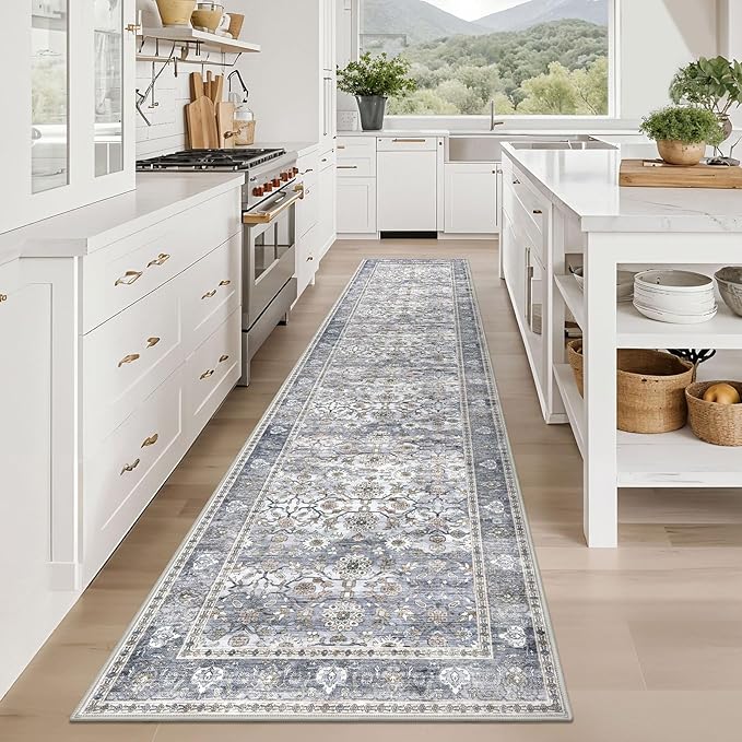 KUTA Vintage Long Runners for Hallways, 2.6x12 Grey Blue Washable Non-Slip Kitchen Rugs Ultra Thin Soft Printed Distressed Oriental Floral Floor Carpet for Laundry Bedroom Living Room Nursery