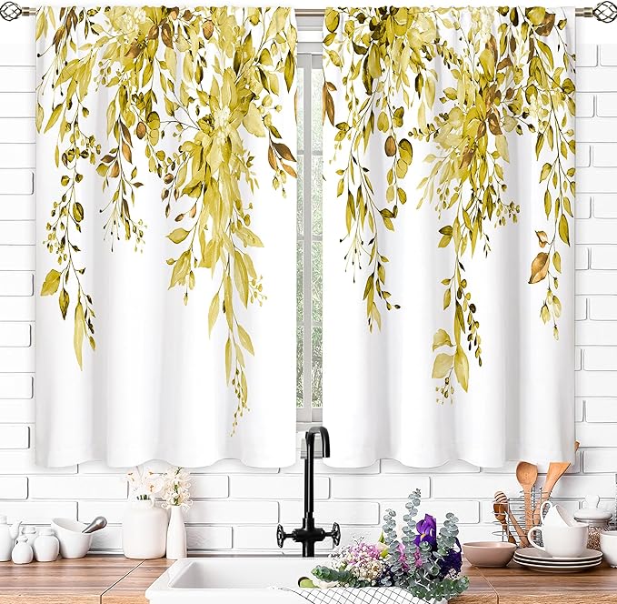 Yellow Eucalyptus Botanical Leaves Floral Kitchen Window Curtains Over Sink Farmhouse Flower Leaf Small Window Treatment Cafe Short Curtains for Bathroom Treatment Tier Drapes 27.5x39 inch