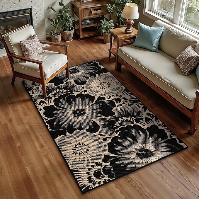 Findosom Washable Area Rug 3x5, Non Slip High-Low Textured Floral Rugs for Bedroom with Rubber Backing, Boho Carpet for Living Room, Kitchen, Entryway, Laundry, Black & Beige