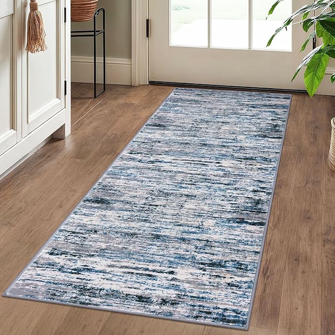 Lansny Modern Abstract Runner Rug 2x5, Grey Blue White Washable Entryway Kitchen Runner Non-Slip Soft Hallway Rug Runner Thin Print Faux Wool Carpet for Bedroom Laundry Room Indoor