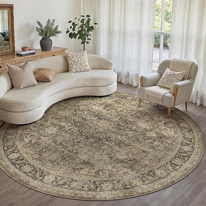 8x8 Washable Round Rug Brown Vintage Non Slip Soft Low Pile Circle Rug for Living Room Bedroom Distressed Oriental Indoor Carpet for Dining Room Office Entryway Home Decor