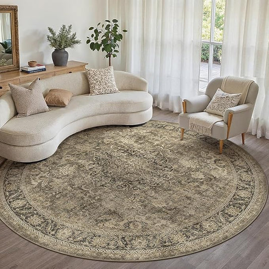 8x8 Washable Round Rug Brown Vintage Non Slip Soft Low Pile Circle Rug for Living Room Bedroom Distressed Oriental Indoor Carpet for Dining Room Office Entryway Home Decor