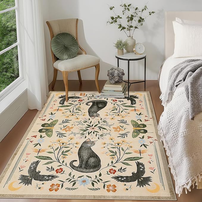 GarveeHome 3x5 Cat Washable Area Rug for Entryway, Mushroom Floral Beige Bedroom Rug Non Slip Low Pile Butterfly Carpet Stain Resistant Throw Rug for Kitchen Dorm Kids Room Office Dining Room
