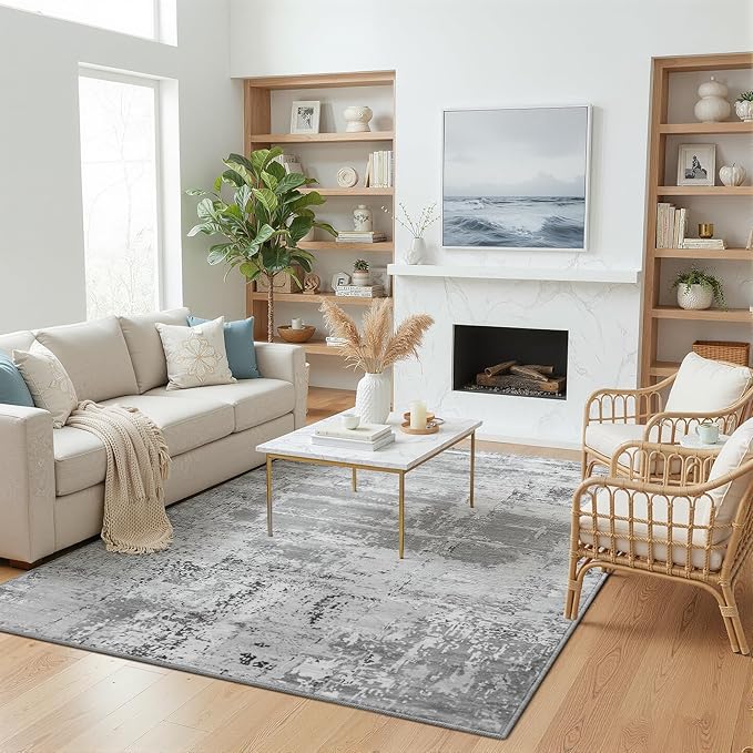 HOMORE Area Rug 4x6 Grey Rugs for Entryway, Non Slip Washable Abstract Rugs for Bedroom Living Room Dining Room Classroom Kids Room Dorm