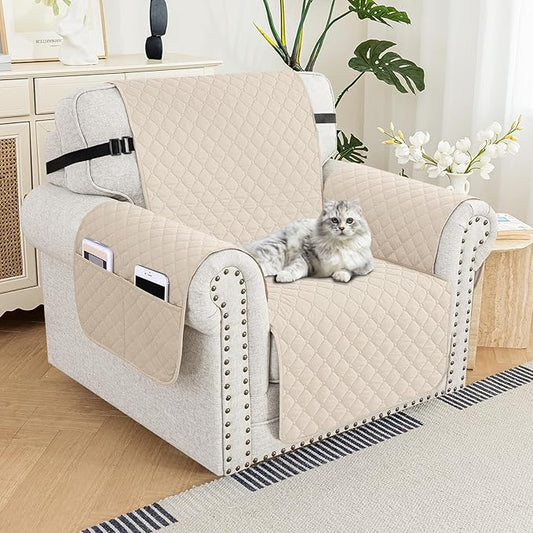 XINEAGE Quilted Chair Sofa Cover Waterproof Chair Covers for Armchair, Super Soft Washable Slipcover with Pockets & Non-Slip Elastic Straps, Thick Furniture Protector (Beige)