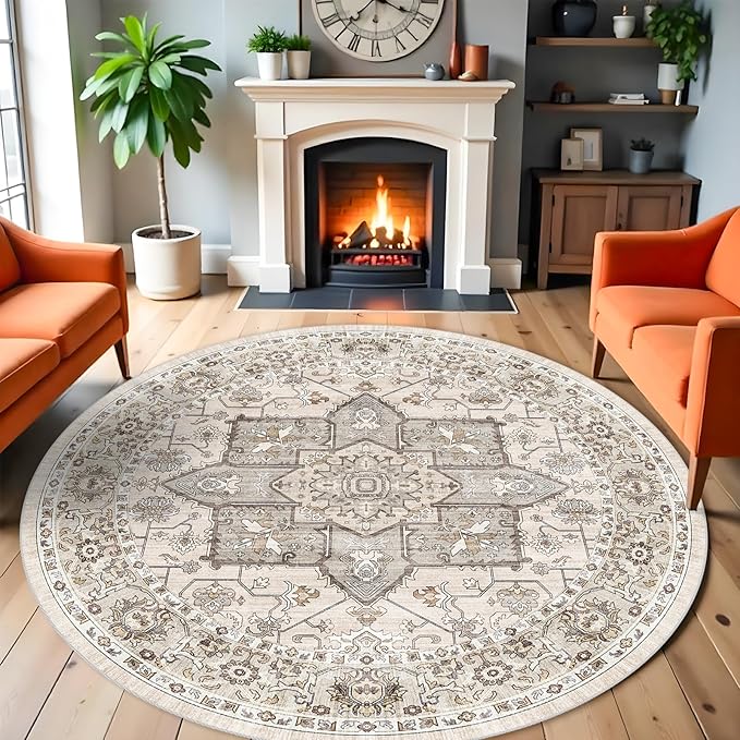 RUUGME Vintage 6round Rug Washable - Large Boho Rugs for Living Room Stain Resistant Carpet Vintage Tribal Rugs for Bedroom Kitchen Bathroom with Non Slip Backing Floor Decoration Mat 6ft Ivory