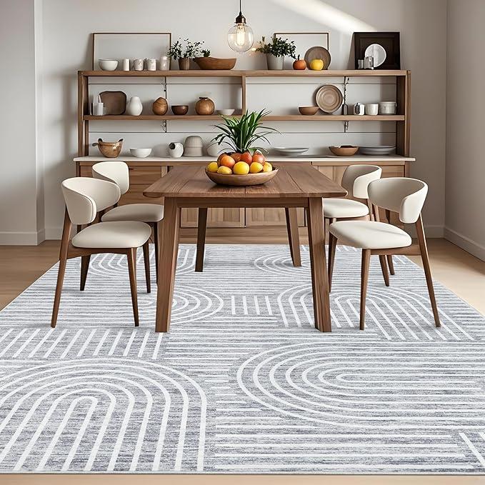 ROYHOME Washable Rug 5x7 Area Rugs for Living Room, Abstract Rug for Bedroom, Soft Rainbow Non Slip Throw Rugs with Rubber Back, Low Pile Stain Resistant Boho Geometric Carpet for Dining Room, Ash