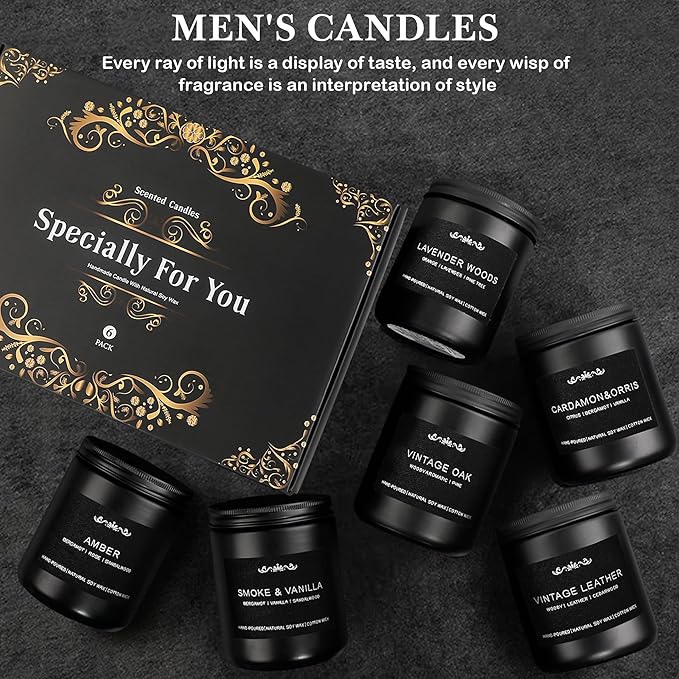 Scented Candles for Men - 42oz Soy Wax 300h Long Lasting Candle, Manly Scented Candles with Leather/Woods/Pine/Vanilla/Lavender/Amber -Mens Candle Gift Set for Birthday, Father's Day, Man Cave Decor