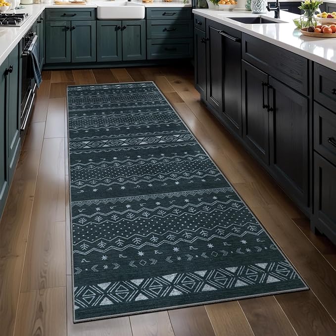 SERISSA 2x5 Kitchen Runner Rug, Washable Non-Slip Grey Boho Rug, Soft Low-Pile Geometric Indoor Carpet for Hallway Laundry Room Bathroom Bedroom Entryway