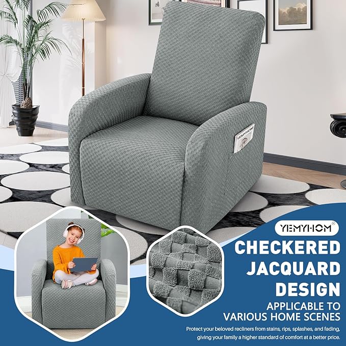 YEMYHOM 3 Pieces Stretch Recliner Slipcover Latest Jacquard Small Recliner Chair Cover with Side Pocket Anti-Slip Fitted Furniture Protector with Elastic Bottom (X-Small Recliner, Light Gray)
