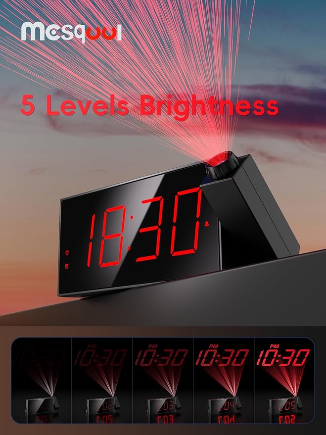Mesqool Projection Alarm Clock with Loud Bed Shaker, Dual Alarms | 5-level Dimmer, USB charger, Snooze & DST, Loud Vibrating Alarm with Battery Backup, Perfect for Heavy Sleepers - Image 4
