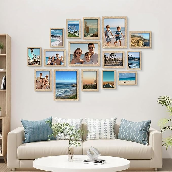 BESCRCL 15 Pack Real Glass Picture Frames Collage Wall Decor, Including 3pcs 8x10, 6pcs 5x7, 6pcs 4x6 Photo Frames for Gallery Wall or Tabletop Display, Natural Woodgrain