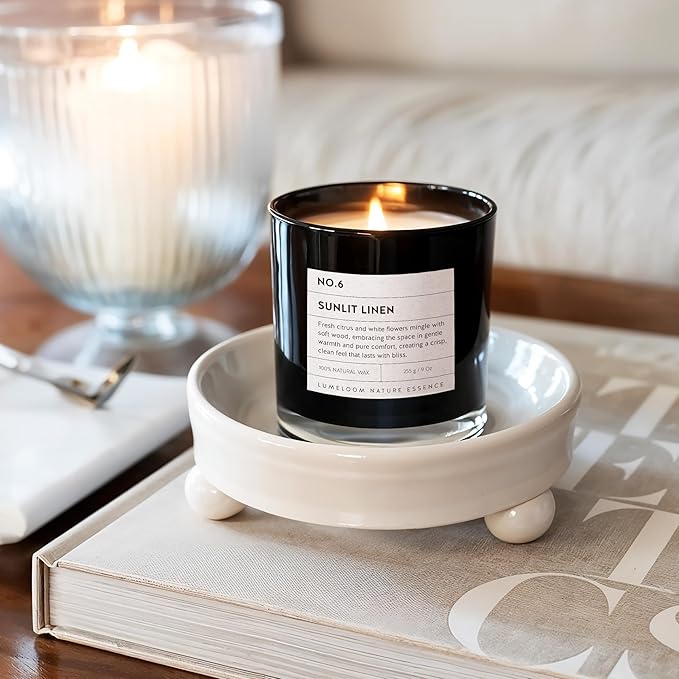 Sunlit Linen Luxury Scented Candles, 9oz Soy Wax Candles for Home Scented, Linen, Jasmine, White Lemon, Wood Scent, Long Burning Time, Gifts for Women, Friends, Men, Sister, Housewarming