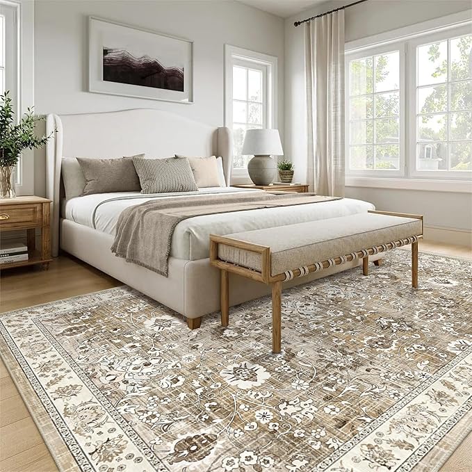 LOKHOM Living Room Area Rug 5x7, Non-Slip Vintage Soft Bedroom Rug with Rubber Backing, Low Pile Boho Floral Faux Wool Floor Carpet Distressed Rug for Bedroom Dining Room（Beige Brown）