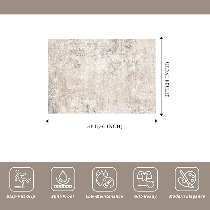 2x3 Washable Non-Slip Rug – Modern Abstract Neutral Small Throw Area Rug for Kitchen, Entryway, Bedroom – Soft Low Pile Thin Indoor Door Mat (Beige Grey, 2x3)