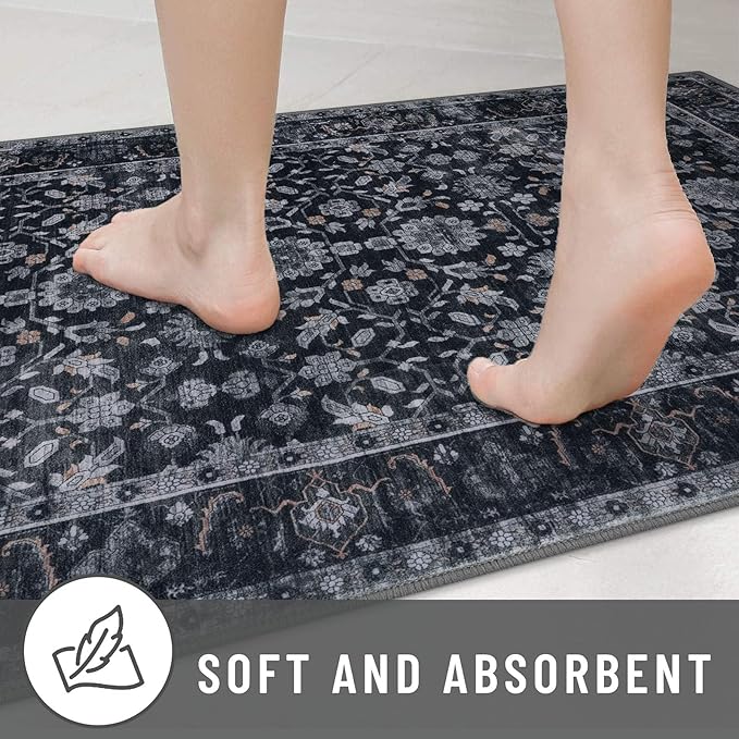 KUTA Runners for Hallways 2x6, Vintage Floral Rug Non-Slip Washable Kitchen Rugs Black Grey Orange Ultra Thin Soft Printed Distressed Flower Carpet Entryway Rugs for Bedroom Laundry Nursery