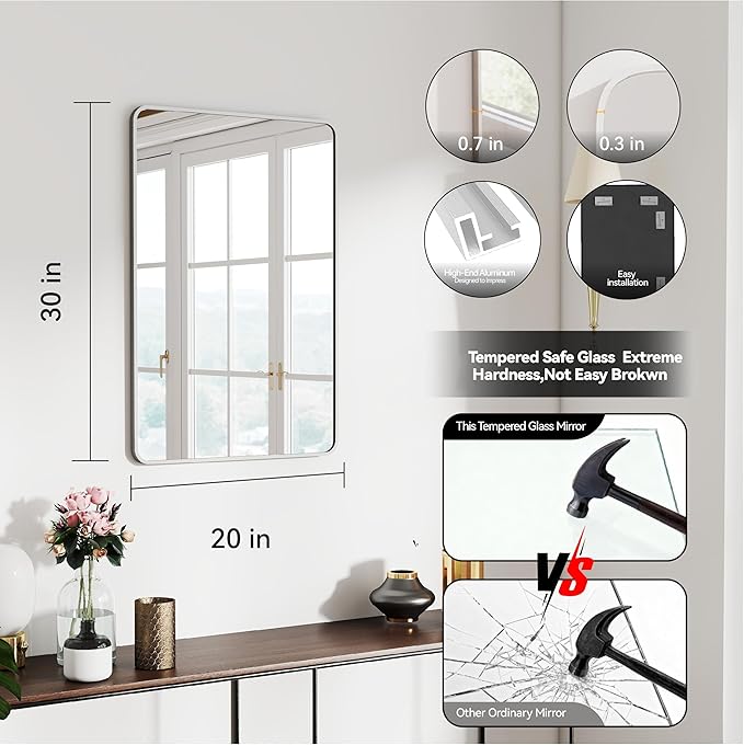 SCWF-GZ 20x30 Rectangle Mirror Full Length Wall Mounted Hanging or Against Wall Metal Frame Dressing Make-up Mirrors for Entryway Bedroom Bathroom Living Room 20 30 inch Silver