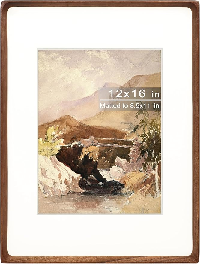 12x16 Picture Frame with Mat for 8.5x11, Natural Walnut Wood Handcrafted Rounded Corner with Plexiglass, Vertical or Horizontal Display Photo Document Gallery Poster Wall Mounting Frame