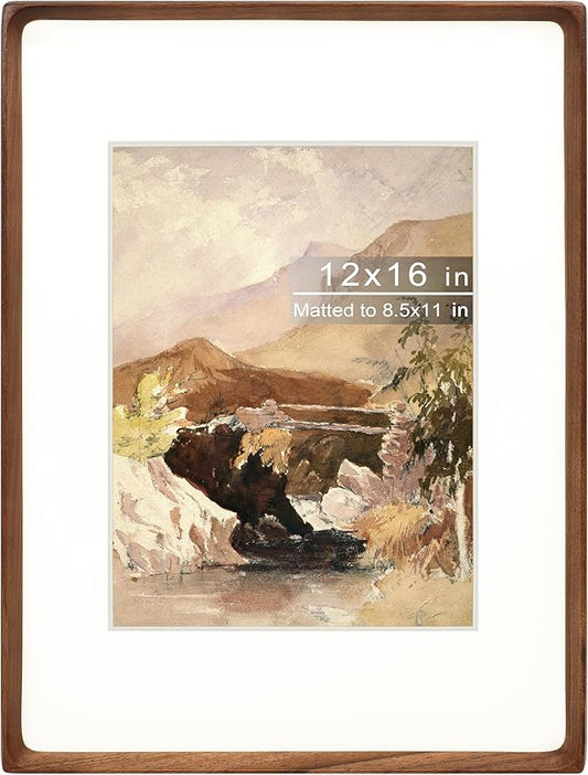 12x16 Picture Frame with Mat for 8.5x11, Natural Walnut Wood Handcrafted Rounded Corner with Plexiglass, Vertical or Horizontal Display Photo Document Gallery Poster Wall Mounting Frame