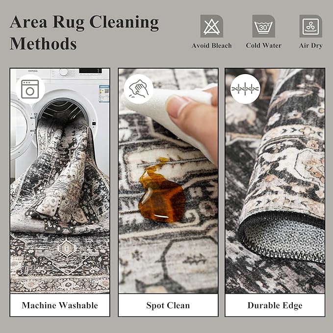 RUUGME 2x2 Washable Bathroom Area Rug, Non-Slip Vintage Oriental Low Pile Carpet, Soft Floor Mat for Entryway, Kitchen Sink, Laundry Room,Stain Resistant Home Decor Mat for Small Space 24x24 Black
