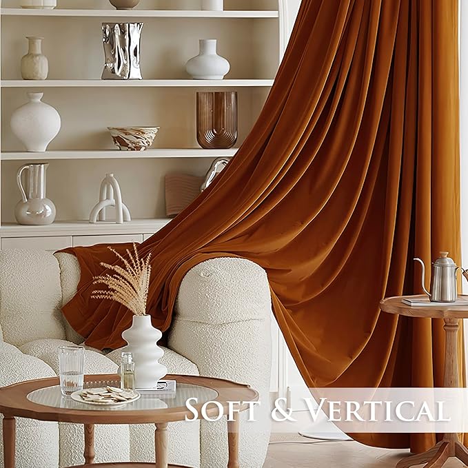 StangH Burnt Orange Velvet Drapes 90 inches Long, Grommet Thick Soft Room Darkening Window Panels for Bedroom, Thermal Insulated Sliding Door Covering, W52 x L90 Each Panel, 2 Panels