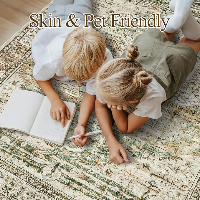 Soalmost 9x12 Area Rugs for Living Room, Non Slip Machine Washable Vintage Rugs, Low Pile Lightweight Large Rug for Bedroom, Dining Room, Home Office Olive