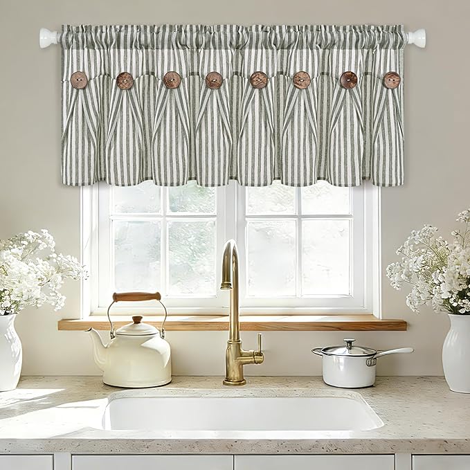 ASPMIZ Farmhouse Valances for Windows, Cotton Linen Kitchen Curtains Valances with Rustic Buttons, Green Striped Window Valance for Living Room, Boho Valance Curtains for Bathroom, 52 x 18 Inches