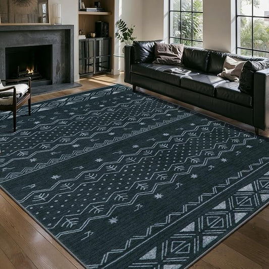 SERISSA 5x7 Area Rugs for Living Room, Washable Non-Slip Grey Boho Rug, Soft Low-Pile Geometric Indoor Large Carpet for Dining Room Bedroom Home Office Playroom