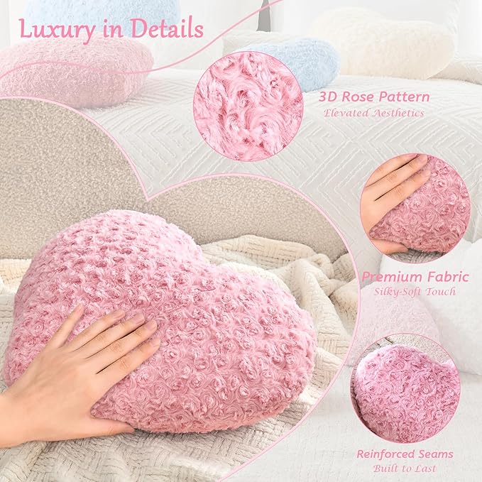 Heart Pillow Pink Throw Pillows, Soft Fluffy Decorative Pillows for Bed Couch Chair, Cute Heart Shaped Room Decor Gifts for Valentine Anniversary Birthday Mothers Christmas (Medium, 20"x15")