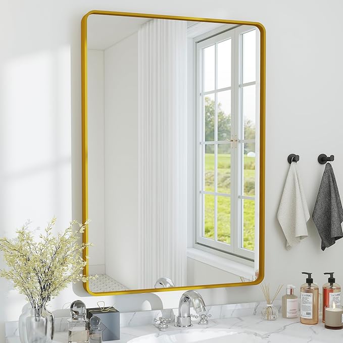 SCWF-GZ 24x36 Vanity Mirror Full Length Wall Mounted Aluminum Alloy Metal Frame Dressing Round Rectangle Mirrors for Entryway Bedroom Bathroom Living Room Horizontally or Vertically 36x24 inch Gold