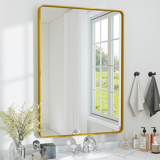 SCWF-GZ 24x36 Vanity Mirror Full Length Wall Mounted Aluminum Alloy Metal Frame Dressing Round Rectangle Mirrors for Entryway Bedroom Bathroom Living Room Horizontally or Vertically 36x24 inch Gold