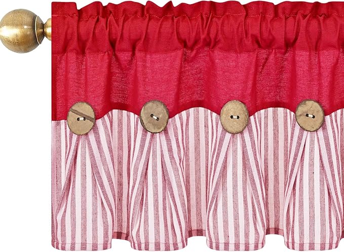 ASPMIZ Farmhouse Cotton Linen Valances for Windows, Boho Kitchen Curtains Valances with Rustic Button, Red Striped Window Treatments Curtain Valance for Bathroom Cafe, 60 x 14 Inch, 1 Pannel